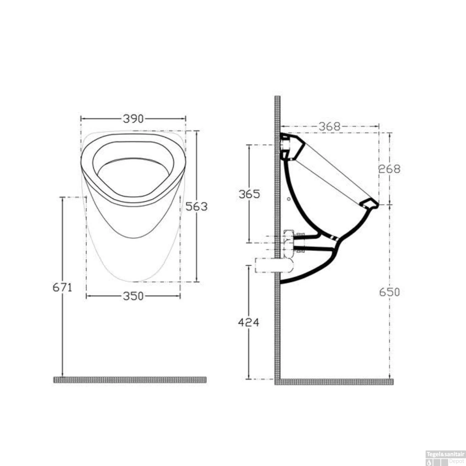 Urinoir Sapho Aqualine 39x56.3 Cm Verborgen Inlaat En Afvoer Keramiek Wit - Afbeelding 3