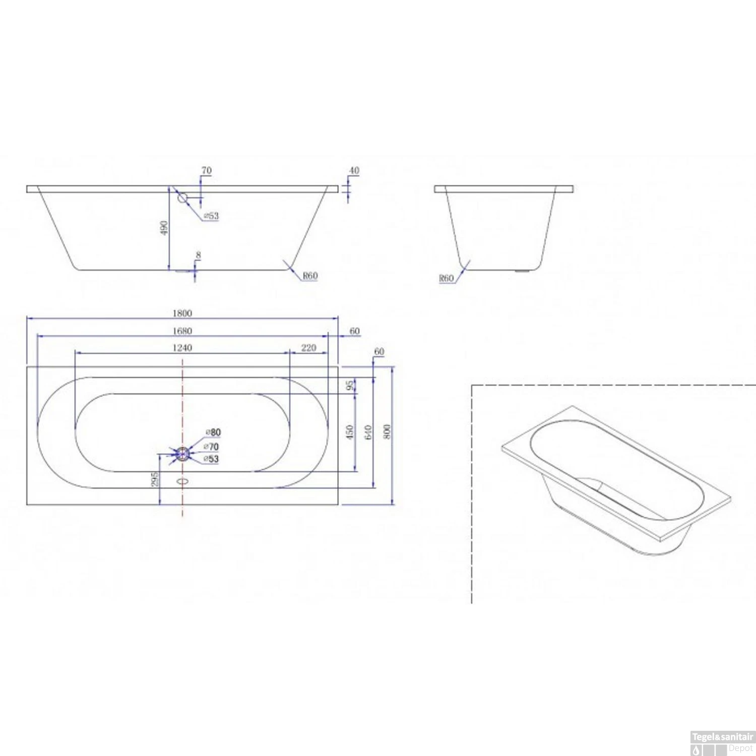 BWS Inbouw Duo Ligbad Porto Acryl 180x80x50 Cm Wit 3 BWS Inbouw Duo Ligbad Porto Acryl 180x80x50 Cm Wit - Afbeelding 3