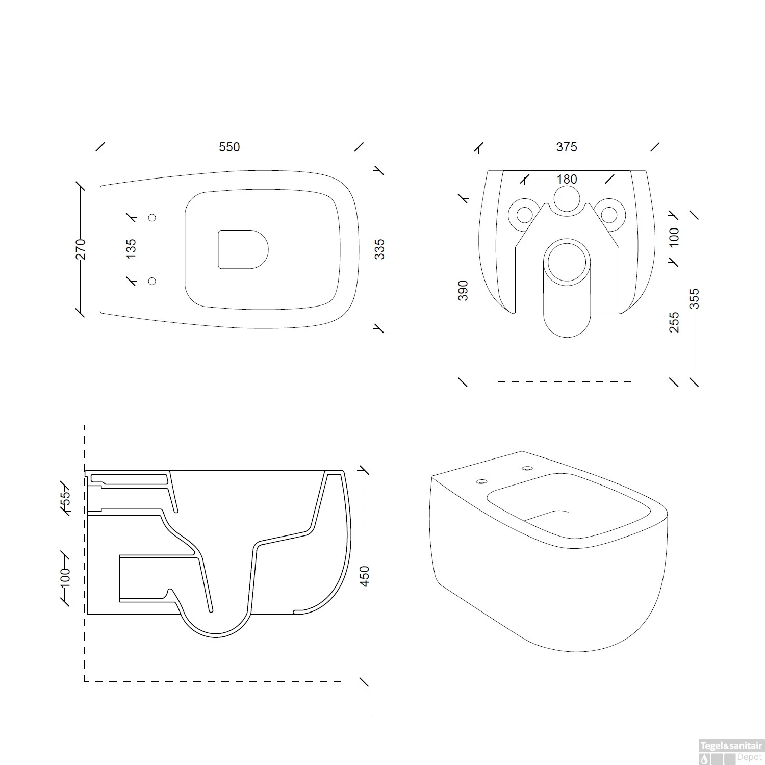Wandcloset Salenzi Nur 55x35.5x37.5 Cm Keramiek Rimless Glanzend Wit (excl. Zitting) - Afbeelding 4