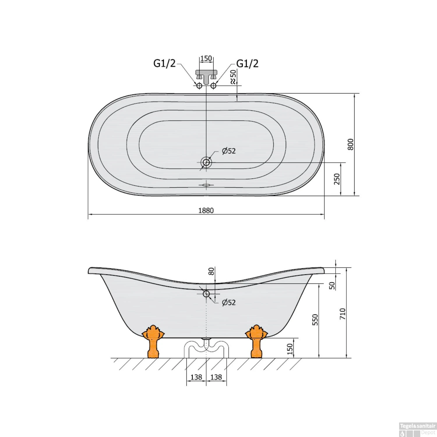 Vrijstaand Bad Sapho Charleston 188x80x71 Cm Wit Met Leeuwenpoten 7 Vrijstaand Bad Sapho Charleston 188x80x71 Cm Wit Met Leeuwenpoten - Afbeelding 7