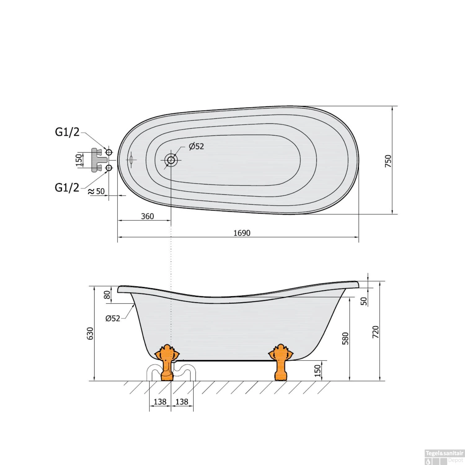 Vrijstaand Bad Sapho Retro 169x75x72 Cm Wit Met Leeuwenpoten Brons - Afbeelding 6