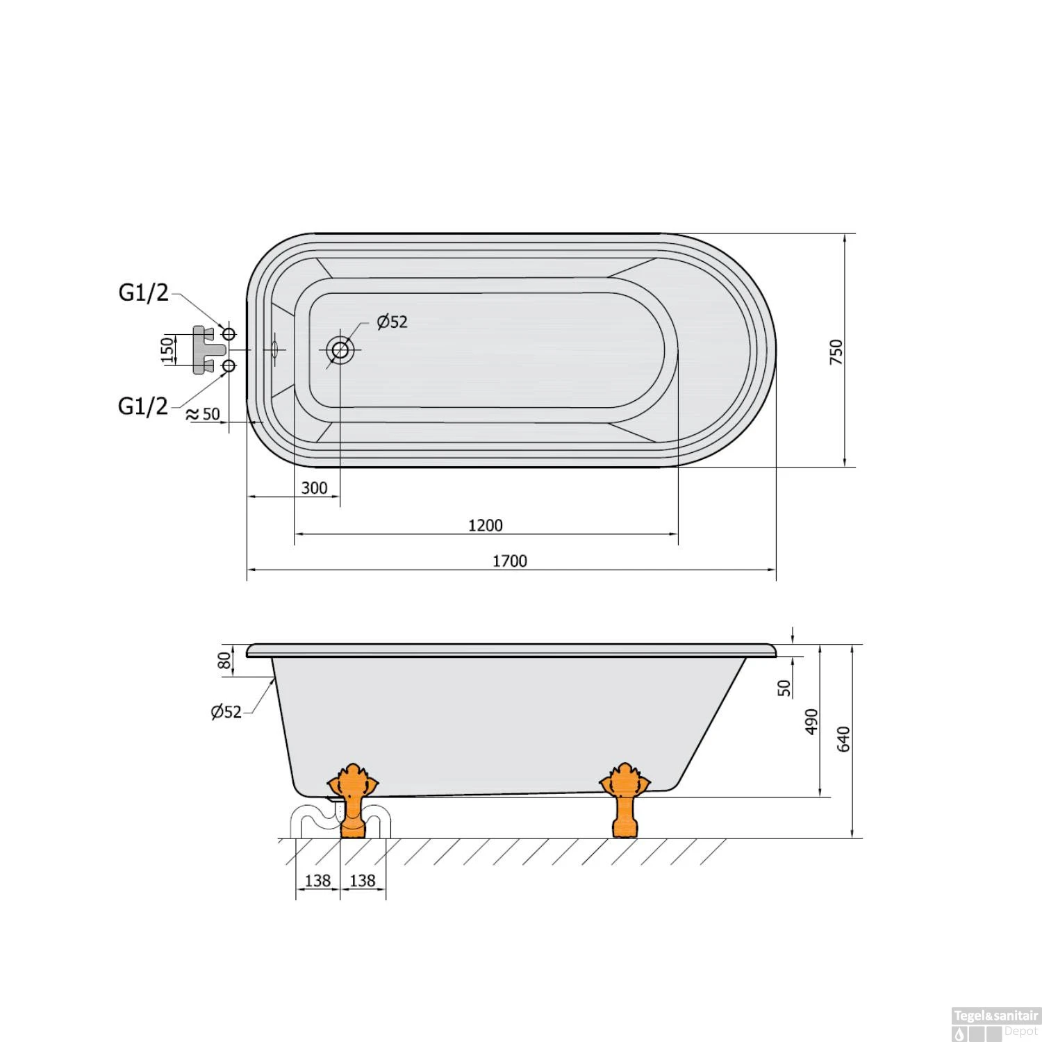 Vrijstaand Bad Sapho Foxtrot 170x75x49 Cm Wit / Zwart Met Leeuwenpoten Chroom - Afbeelding 6