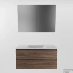 MONDIAZ AIVY 100cm Badmeubel Mocha, Wastafel Talc Solid Surface Midden Zonder Kraangat Met Spiegelkast -Zalig Baden Verkoopwinkel aivy set3 walnoot 2lades cloud wit zonder kraangat s 00018