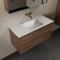 MONDIAZ AIVY 100cm Badmeubel Mocha, Wastafel Talc Solid Surface Midden Zonder Kraangat Met Spiegelkast