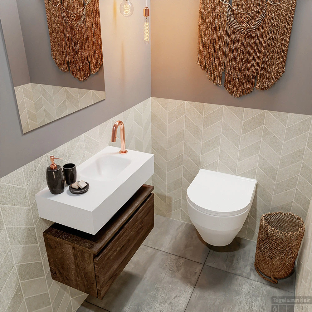 MONDIAZ ANDOR 60cm Toiletmeubel Dark Brown. LEX 60cm Wastafel Talc Rechts 1 Kraangat 2 MONDIAZ ANDOR 60cm Toiletmeubel Dark Brown. LEX 60cm Wastafel Talc Rechts 1 Kraangat - Afbeelding 2