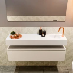 MONDIAZ ANDOR 120cm Toiletmeubel Linen. LEX 120cm Wastafel Talc Rechts 1 Kraangat -Zalig Baden Verkoopwinkel badkamermeubel andor linen model lex vrijhangend talc front 0039