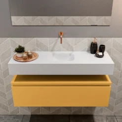 MONDIAZ ANDOR 100cm Toiletmeubel Ocher. LEX 100cm Wastafel Talc Midden Geen Kraangat 8 MONDIAZ ANDOR 100cm Toiletmeubel Ocher. LEX 100cm Wastafel Talc Midden Geen Kraangat -Zalig Baden Verkoopwinkel badkamermeubel andor ocher model lex vrijhangend talc front 0024