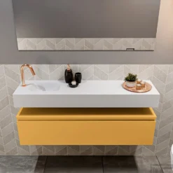 MONDIAZ ANDOR 120cm Toiletmeubel Ocher. LEX 120cm Wastafel Talc Links 1 Kraangat -Zalig Baden Verkoopwinkel badkamermeubel andor ocher model lex vrijhangend talc front 0035