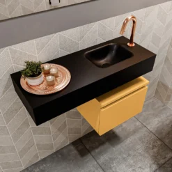 MONDIAZ ANDOR 40cm Toiletmeubel Ocher. LEX 80cm Wastafel Urban Rechts 1 Kraangat -Zalig Baden Verkoopwinkel badkamermeubel andor ocher model lex vrijhangend urban sidetop 0021