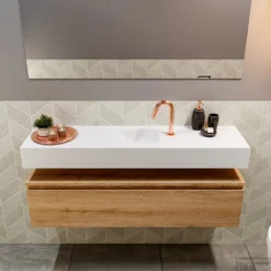 MONDIAZ ANDOR 120cm Toiletmeubel Washed Oak. LEX 120cm Wastafel Talc Midden 1 Kraangat -Zalig Baden Verkoopwinkel badkamermeubel andor washed oak model lex vrijhangend talc front 00033