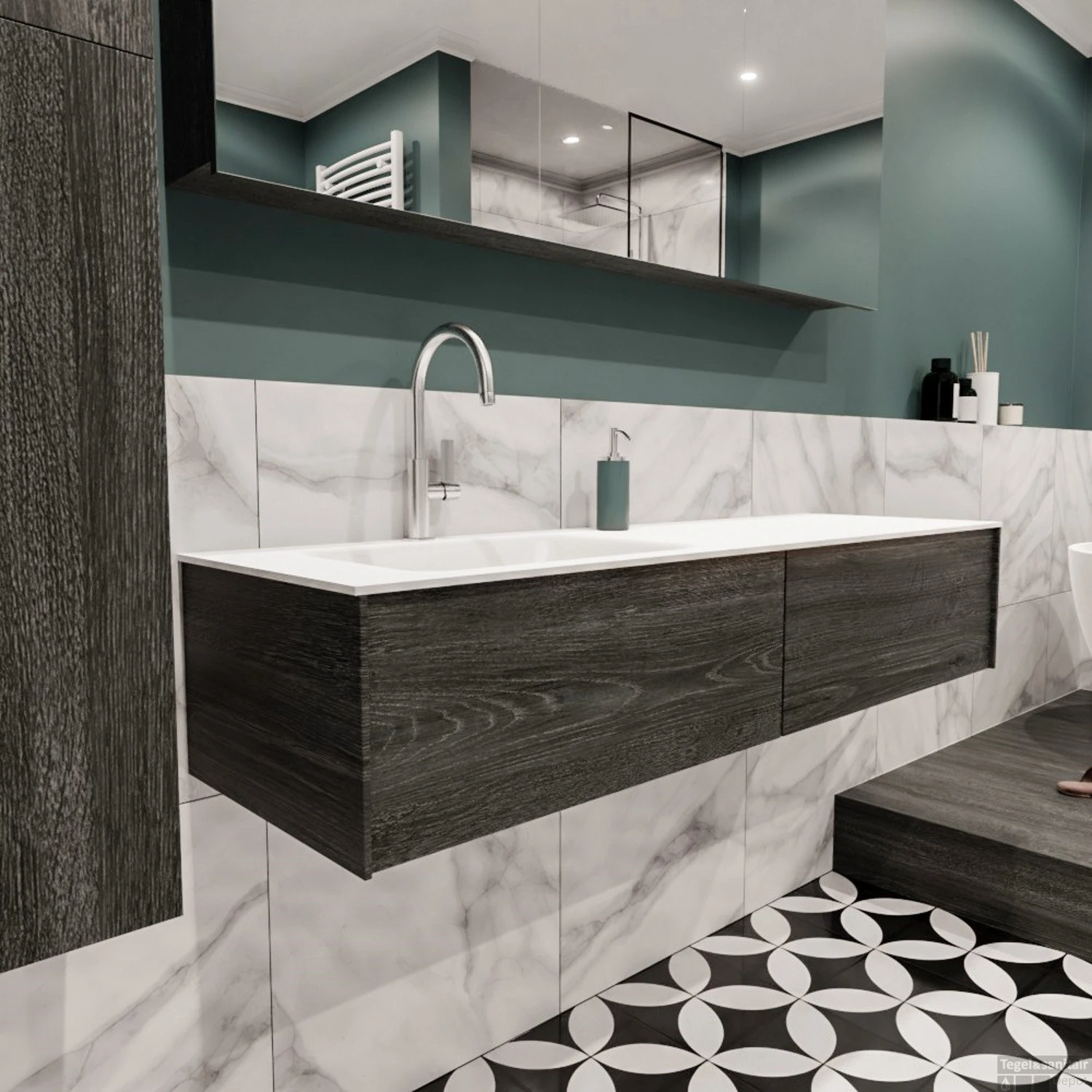 Badkamermeubel BWS Madrid Antraciet 150x45x30 Cm Mat Witte Solid Surface Wastafel Links (2 Lades, 1 Kraangat) - Afbeelding 2