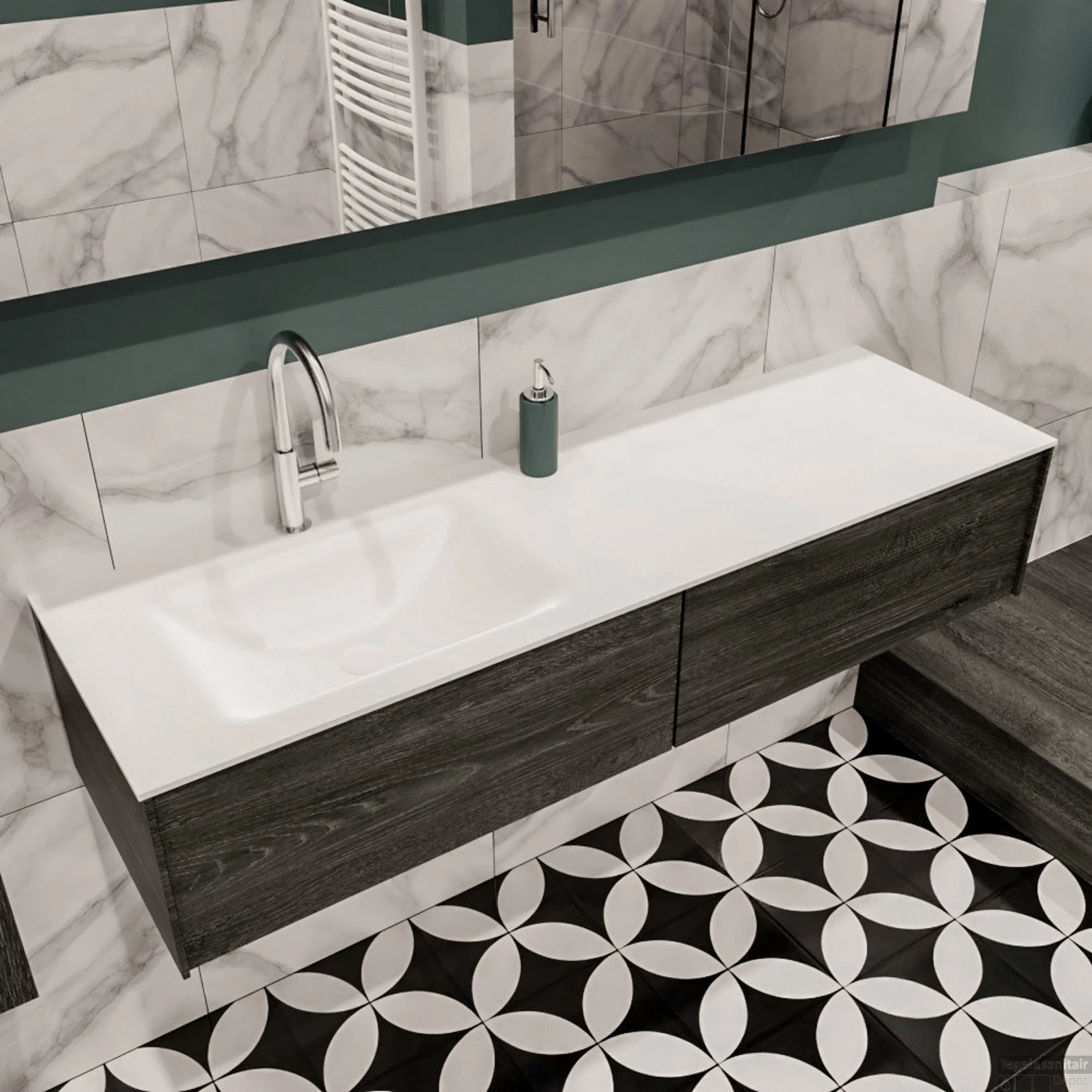 Badkamermeubel BWS Madrid Antraciet 150x45x30 Cm Mat Witte Solid Surface Wastafel Links (2 Lades, 1 Kraangat) - Afbeelding 3