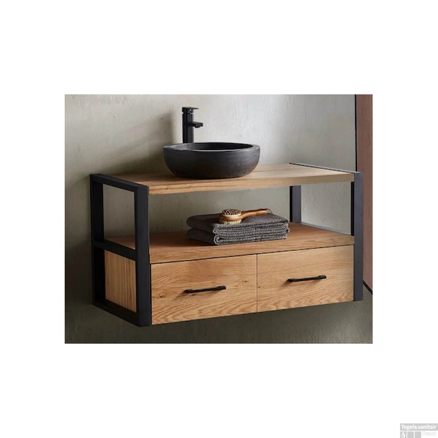 Badkamermeubel Casajoy Detroit 100x50x55cm Eiken Met Zwart RVS Frame 2 Badkamermeubel Casajoy Detroit 100x50x55cm Eiken Met Zwart RVS Frame - Afbeelding 2