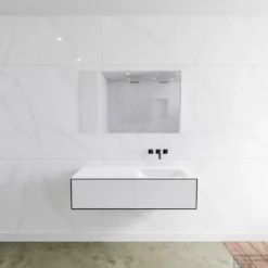 Badkamermeubelset Mondiaz LAGOM 120 Cm Rechtse Wastafel Solid Surface Zonder Kraangaten Mat Zwart (2 Laden)