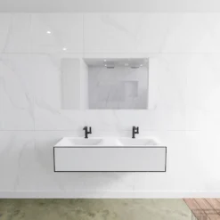 Badkamermeubelset Mondiaz LAGOM 130 Cm Dubbele Wastafel Solid Surface Met 2 Kraangaten Mat Zwart (1 Lade)