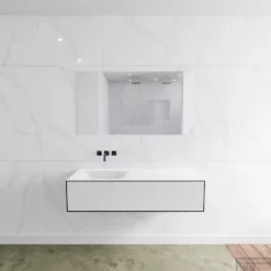 Badkamermeubelset Mondiaz LAGOM 130 Cm Linkse Wastafel Solid Surface Zonder Kraangaten Mat Zwart (1 Lade)