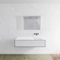 Badkamermeubelset Mondiaz LAGOM 130 Cm Rechtse Wastafel Solid Surface Zonder Kraangaten Mat Zwart (1 Lade)