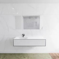 Badkamermeubelset Mondiaz LAGOM 140 Cm Linkse Wastafel Solid Surface Met 1 Kraangat Mat Zwart (1 Lade)