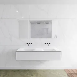 Badkamermeubelset Mondiaz LAGOM 150 Cm Dubbele Wastafel Solid Surface Zonder Kraangaten Mat Zwart (1 Lade)