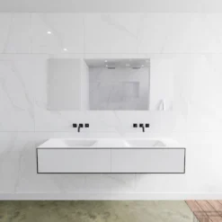 Badkamermeubelset Mondiaz LAGOM 170 Cm Dubbele Wastafel Solid Surface Zonder Kraangaten Mat Zwart (2 Laden)