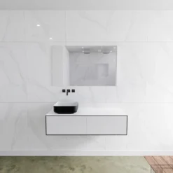 Badkamermeubelset Mondiaz LAGOM 120 Cm Topblad Met Linkse Wastafel Solid Surface Opzetkom Binx Zonder Kraangaten Mat Zwart (2 Laden)