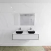 Badkamermeubelset Mondiaz LAGOM 130 Cm Topblad Met Dubbele Wastafel Solid Surface Opzetkom Binx Met 2 Kraangaten Mat Zwart (1 Lade)