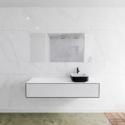 Badkamermeubelset Mondiaz LAGOM 150 Cm Topblad Met Rechtse Wastafel Solid Surface Opzetkom Binx Met 1 Kraangat Mat Zwart (2 Laden)