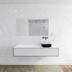 Badkamermeubelset Mondiaz LAGOM 160 Cm Topblad Met Rechtse Wastafel Solid Surface Opzetkom Binx Zonder Kraangaten Mat Zwart (2 Laden)