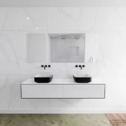 Badkamermeubelset Mondiaz LAGOM 170 Cm Topblad Met Dubbele Wastafel Solid Surface Opzetkom Binx Zonder Kraangaten Mat Zwart (2 Laden)