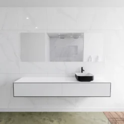 Badkamermeubelset Mondiaz LAGOM 200 Cm Topblad Met Rechtse Wastafel Solid Surface Opzetkom Binx Met 1 Kraangat Mat Zwart (2 Laden)