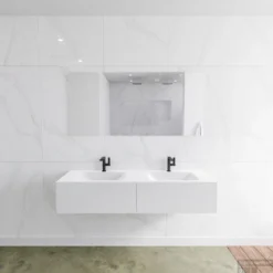 Badkamermeubelset Mondiaz LAGOM 150 Cm Dubbele Waskom Solid Surface Met 2 Kraangaten Mat Wit (2 Laden)