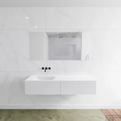 Badkamermeubelset Mondiaz LAGOM 150 Cm Linkse Waskom Solid Surface Zonder Kraangaten Mat Wit (2 Laden)