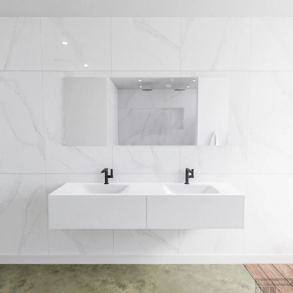 Badkamermeubelset Mondiaz LAGOM 170 Cm Dubbele Waskom Solid Surface Met 2 Kraangaten Mat Wit (2 Laden) 1 Badkamermeubelset Mondiaz LAGOM 170 Cm Dubbele Waskom Solid Surface Met 2 Kraangaten Mat Wit (2 Laden)