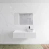 Badkamermeubelset Mondiaz LAGOM 120 Cm Met Topblad Rechtse Wastafel Solid Surface Opzetkom Binx Met 1 Kraangat Mat Wit (2 Laden)
