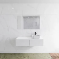 Badkamermeubelset Mondiaz LAGOM 120 Cm Met Topblad Rechtse Wastafel Solid Surface Opzetkom Binx Met 1 Kraangat Mat Wit (2 Laden)