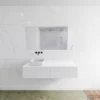 Badkamermeubelset Mondiaz LAGOM 140 Cm Met Topblad Linkse Wastafel Solid Surface Opzetkom Binx Zonder Kraangaten Mat Wit (2 Laden)