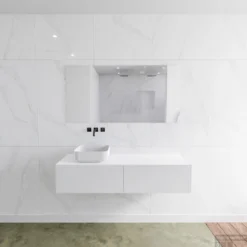 Badkamermeubelset Mondiaz LAGOM 140 Cm Met Topblad Linkse Wastafel Solid Surface Opzetkom Binx Zonder Kraangaten Mat Wit (2 Laden)