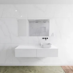 Badkamermeubelset Mondiaz LAGOM 150 Cm Met Topblad Rechtse Wastafel Solid Surface Opzetkom Binx Zonder Kraangaten Mat Wit (2 Laden)