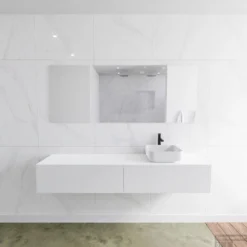 Badkamermeubelset Mondiaz LAGOM 180 Cm Met Topblad Rechtse Wastafel Solid Surface Opzetkom Binx Met 1 Kraangat Mat Wit (2 Laden)