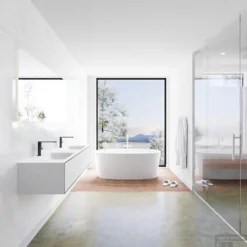 Badkamermeubelset Mondiaz LAGOM 160 Cm Dubbele Wastafel Solid Surface Met 2 Kraangaten Mat Zwart (2 Laden) -Zalig Baden Verkoopwinkel badkamermeubel met solid surface wastafel model lagom side 00090