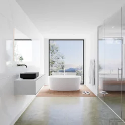 Badkamermeubelset Mondiaz LAGOM 120 Cm Topblad Met Linkse Wastafel Solid Surface Opzetkom Binx Zonder Kraangaten Mat Zwart (2 Laden) -Zalig Baden Verkoopwinkel badkamermeubel met solid surface wastafel model lagom side 00149