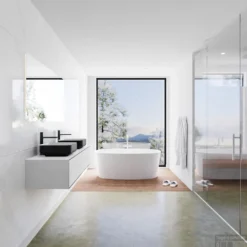 Badkamermeubelset Mondiaz LAGOM 130 Cm Topblad Met Dubbele Wastafel Solid Surface Opzetkom Binx Met 2 Kraangaten Mat Zwart (1 Lade) -Zalig Baden Verkoopwinkel badkamermeubel met solid surface wastafel model lagom side 00155