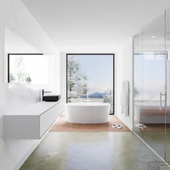 Badkamermeubelset Mondiaz LAGOM 200 Cm Topblad Met Rechtse Wastafel Solid Surface Opzetkom Binx Met 1 Kraangat Mat Zwart (2 Laden) -Zalig Baden Verkoopwinkel badkamermeubel met solid surface wastafel model lagom side 00219