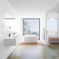 Badkamermeubelset Mondiaz LAGOM 150 Cm Dubbele Waskom Solid Surface Met 2 Kraangaten Mat Wit (2 Laden) -Zalig Baden Verkoopwinkel badkamermeubel met solid surface wastafel model lagom side white 00080