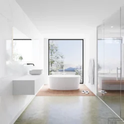 Badkamermeubelset Mondiaz LAGOM 130 Cm Met Topblad Rechtse Wastafel Solid Surface Opzetkom Binx Zonder Kraangaten Mat Wit (2 Laden) -Zalig Baden Verkoopwinkel badkamermeubel met solid surface wastafel model lagom side white 00164