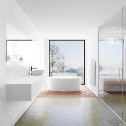 Badkamermeubelset Mondiaz LAGOM 180 Cm Met Topblad Rechtse Wastafel Solid Surface Opzetkom Binx Met 1 Kraangat Mat Wit (2 Laden) -Zalig Baden Verkoopwinkel badkamermeubel met solid surface wastafel model lagom side white 00207