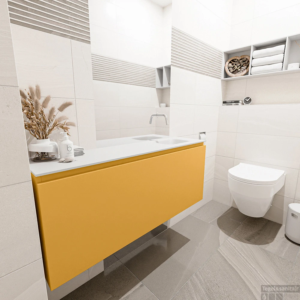 MONDIAZ OLAN 120cm Toiletmeubel Ocher. LEX Wastafel Talc Rechts Geen Kraangat 2 MONDIAZ OLAN 120cm Toiletmeubel Ocher. LEX Wastafel Talc Rechts Geen Kraangat - Afbeelding 2