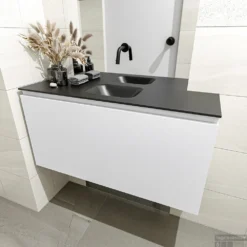 MONDIAZ OLAN 100cm Toiletmeubel Talc. LEX Wastafel Urban Midden Geen Kraangat -Zalig Baden Verkoopwinkel badkamermeubel olan talc model lex urban mid 0020