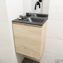 MONDIAZ OLAN 40cm Toiletmeubel Washed_oak. LEX Wastafel Urban Rechts Geen Kraangat -Zalig Baden Verkoopwinkel badkamermeubel olan washed oak model lex urban mid 00004
