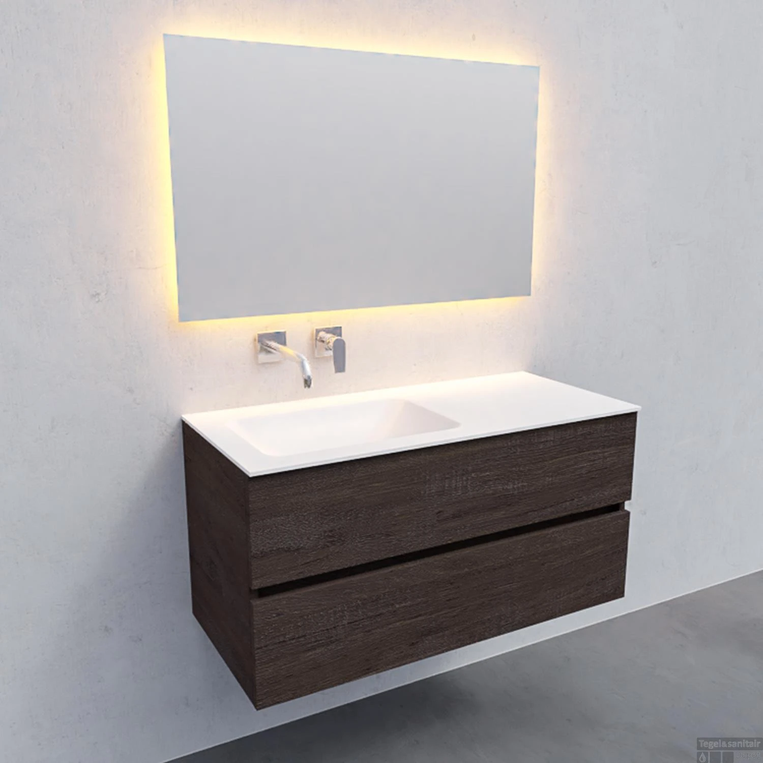 Badkamermeubel Solid Surface BWS Oslo 100x46 Cm Links Wood Dark Brown (0 Kraangaten) 3 Badkamermeubel Solid Surface BWS Oslo 100x46 Cm Links Wood Dark Brown (0 Kraangaten) - Afbeelding 3